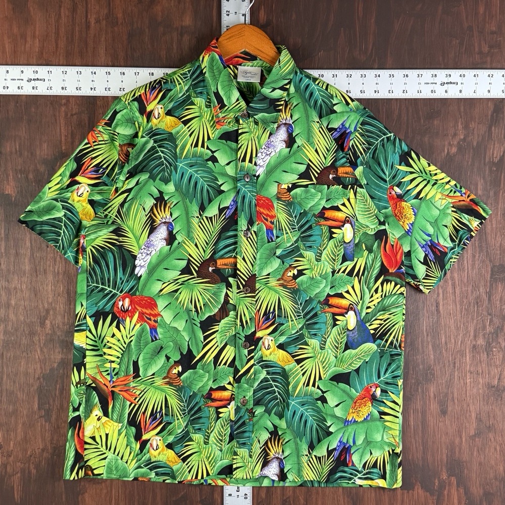 Shark Designer Hawaiian Shirt Parrots Tropical AOP Print Aloha USA Green Large
